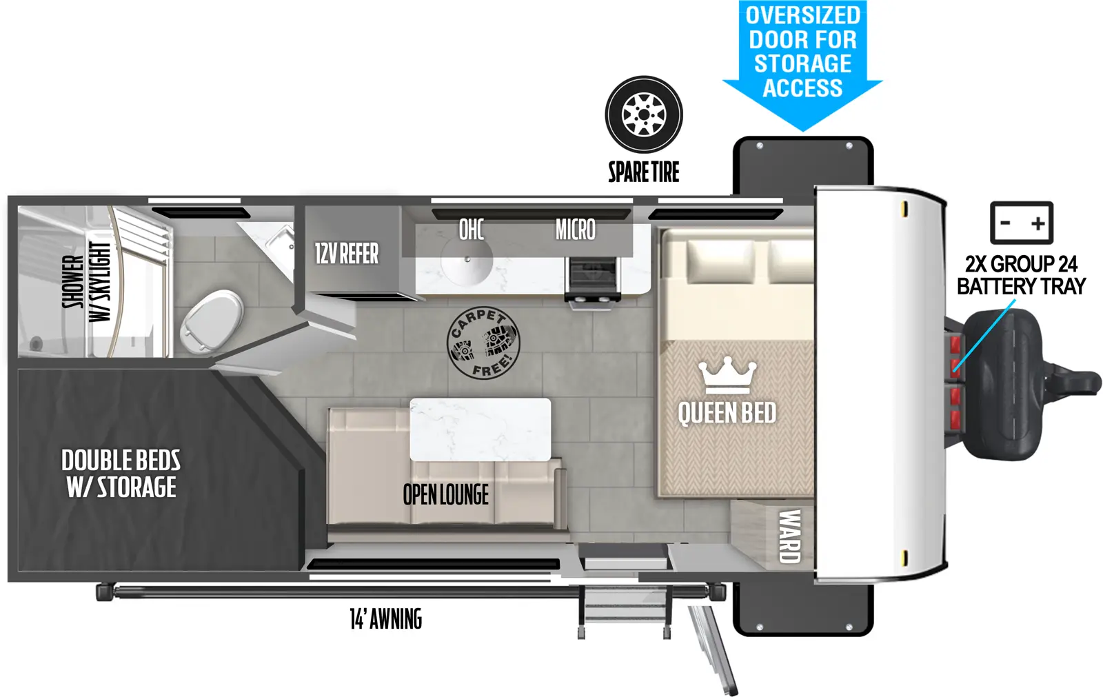 The Salem FSX 174DBLE floorplan has one entry and zero slide outs. Exterior features include: metal exterior and 14' awning. Interiors features include: bunk beds and front bedroom.